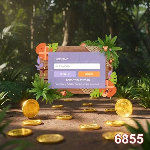 Tela de login do aplicativo cassino 6855 com moedas ao fundo.