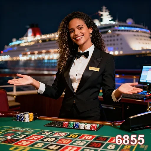 Croupier em mesa de roleta na 6855 com fundo de navio.