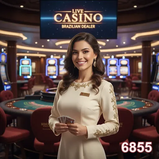 Dealer brasileira em ambiente de casino ao vivo no 6855.