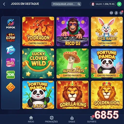 Jogos em destaque no 6855, incluindo Yo Dragon e Rico DJ.