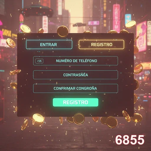 Tela de registro do site 6855 com moedas ao fundo.