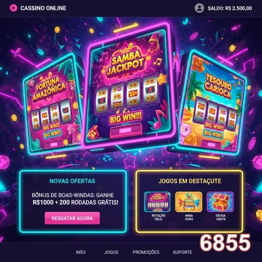 Tela do aplicativo móvel da 6855 com slots e bônus em destaque.